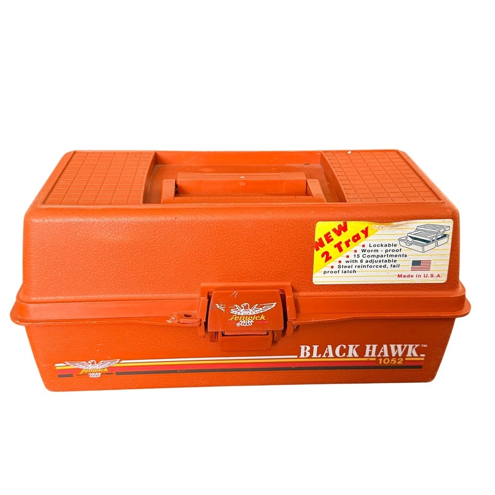 Vintage Fenwick Black Hawk 1052 Tackle Box 2 Tray 15 Compartment Orange USA Made